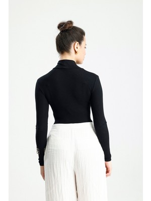 Rose Arya Siyah Yaka Drapeli Uzun Kol Badi