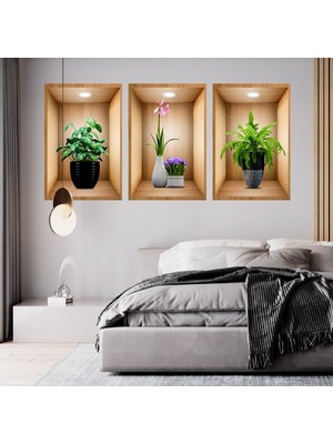 MERİVİA 3D Çiçek Vazo Duvar Sticker 3 Lü Set Kahverengi Fon (5405)