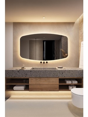 FAWdecor Modern Asimetrik LED Işıklı Banyo Aynası - Arkadan Aydınlatmalı Özel Kesim Dekoratif Duvar Aynası