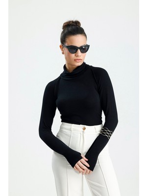 Rose Arya Siyah Balıkçı Yaka Kol Dikişli Badi