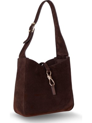 PLM Her Kombine Uyum Sağlayan Klasik Hakiki Süet Deri Kadın Omuz Çantası – Azura - Kahve