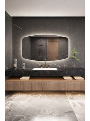 FAWdecor Modern Asimetrik LED Işıklı Banyo Aynası - Arkadan Aydınlatmalı Özel Kesim Dekoratif Duvar Aynası