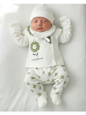 Ege Bebek Kız Bebek 5'li Çiçek Desenli, Fiyonk Detaylı Hastane Çıkışı Zıbın Seti %100 Pamuklu Yeni Doğan Zıbın