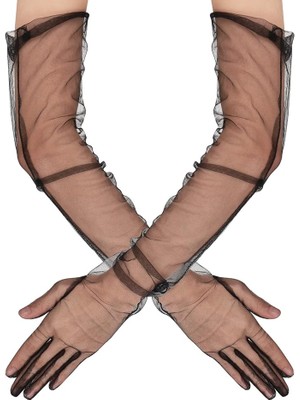 MERİVİA Uzun Boy Likralı Siyah Renk Yetişkin Mega Tül Eldiven 53 cm (5405)