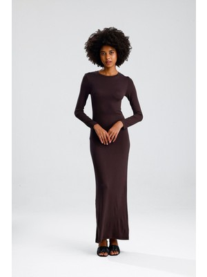 Rose Arya Kahve Uzun Kol Düz Uzun Elbise