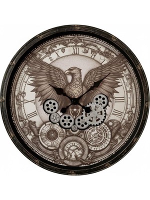 Galaxy CRK-823 Premium Ahşap Ithal Dönen Çarklı Roma Rakamlı Kartal Deseni Kadranlı Duvar Saati 76 cm