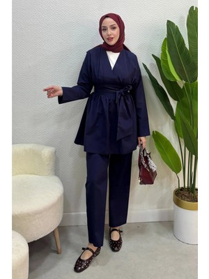 Tesettür Diyarı Yazlık Kumaş Beli Kuşak Detaylı Alt Üst Tesettür Takım- Lacivert