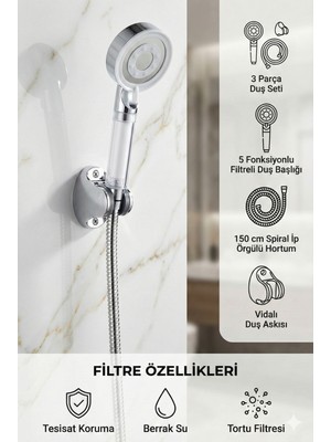 Plodna House Filtreli Beyaz Çelik 5 Fonksiyonlu Duş Başlığı Seti – İp Örgülü Hortum & Vidalanır Duş Askılığı Dahil