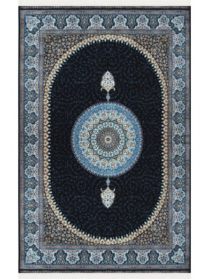 Cool Halı Zerabi Lacivert Mavi Göbekli Halı Klasik Çerçeveli Otantik Yumuşak Dokulu Lüks Ev Oda Salon Halısı