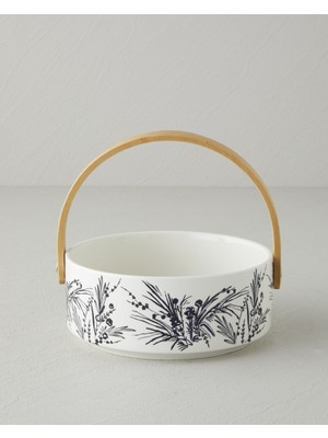 UltraMint Şık Çiçek Desenli Seramik Sunumluk 17X7 cm Siyah-Beyaz