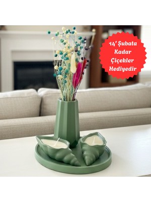 4 Parça Yeşil Dekoratif Set - Istiridye Mumlu, Vazolu, Yuvarlak Tepsili (Çiçek Dahil Değildir)