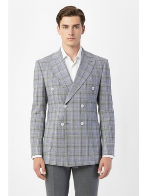 Sabri Özel Giotelli Gri Regular Fit Sivri Yaka Kruvaze Ekose Casual Ceket
