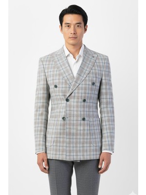 Sabri Özel Giotelli Açık Gri Regular Fit Sivri Yaka Kruvaze Ekose Casual Ceket