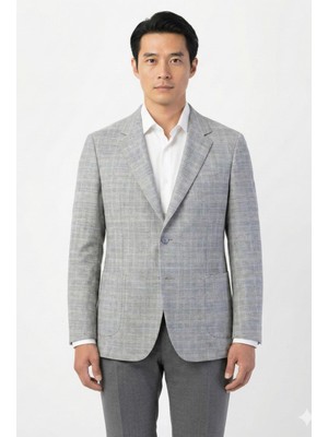 Sabri Özel Vizon Regular Fit Mono Yaka Ekose Desenli Ceket