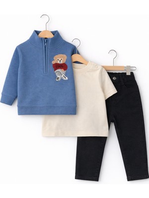 Bambino Ayıcık Nakışlı Sweatshirtlü Pantolonlu Tişörtlü 3’lü Erkek Takımı