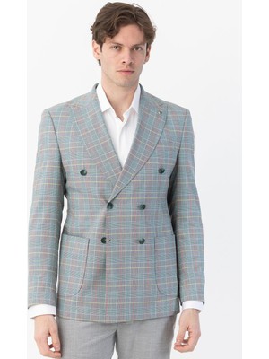 Sabri Özel Giotelli Yeşil Regular Fit Sivri Yaka Kruvaze Ekose Casual Ceket