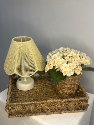 KorFam Rosalinda - Krem Gece & Masa Lambası Hasır Tepsi Seti