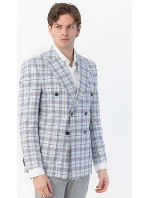 Sabri Özel Giotelli Mavi Regular Fit Sivri Yaka Kruvaze Ekose Casual Ceket