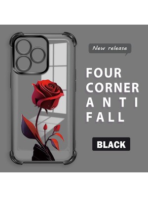 Ucuc Realme Note 50 4g Uyumlu Şeffaf Silikon Köşe Koruma Lens Korumalı Elektroplatlı Kenar Kılıf Kırmızı Gül Desenli