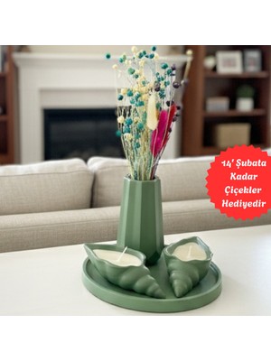 4 Parça Yeşil Dekoratif Set - Istiridye Mumlu, Vazolu, Yuvarlak Tepsili (Çiçek Dahil Değildir)