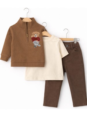 Bambino Ayıcık Nakışlı Sweatshirtlü Pantolonlu Tişörtlü 3’lü Erkek Takımı