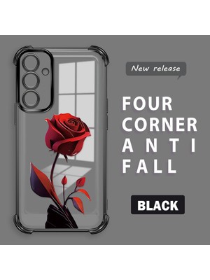 Ucuc Samsung Galaxy A25 Uyumlu Şeffaf Silikon Köşe Koruma Lens Korumalı Elektroplatlı Kenar Kılıf Kırmızı Gül Desenli