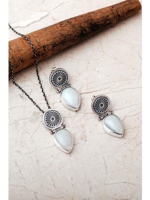 Sümer Telkari Sedef Taşlı Elişi Tasarım 925 Ayar Gümüş Damla Set 2864