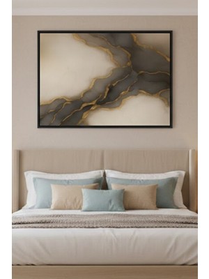 Safir Design Lüks Bej ve Altın Duvar Sanatı | Gold Detay Modern Çerçeveli Tablo