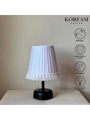 KorFam Püsküllü Beyaz Kumaş Modern Pilli Masa & Gece Lambası
