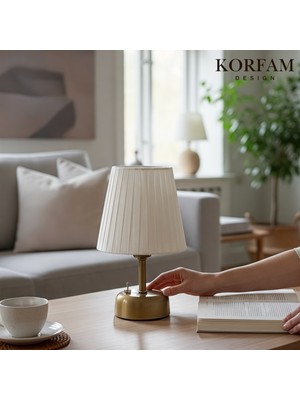 KorFam Beyaz Keten Kumaş Pilli Masa & Gece Lambası