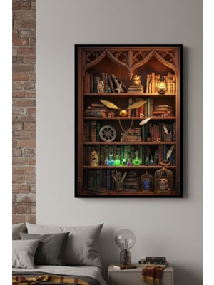 Safir Design Lüks Kahverengi ve Yeşil Büyülü Kütüphane Duvar Sanatı | Modern Çerçeveli Tablo
