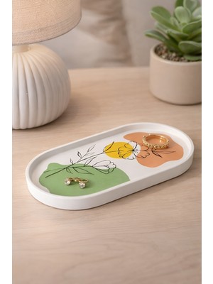 The Mark Decor Bohem Tarz Çiçek Desenli Dekoratif Oval Tabak - Modern Line Art Handmade Ev Dekorasyonu