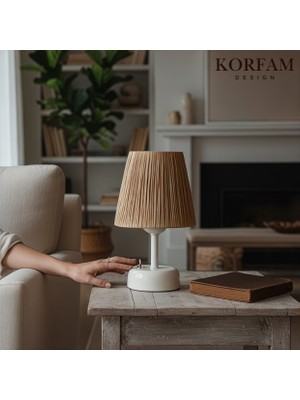KorFam Kahverengi Rafya Hasır Pilli Masa & Gece Lambası