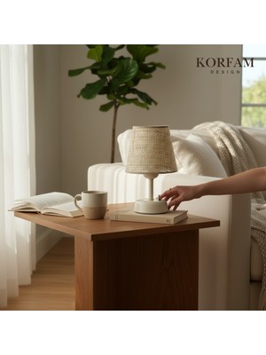 KorFam Krem Hasır Görünümlü Başlık Kablosuz Pilli Masa & Gece Lambası