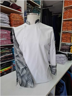 Beyaz Kol Siyah Desenli Aşçı Ceketi