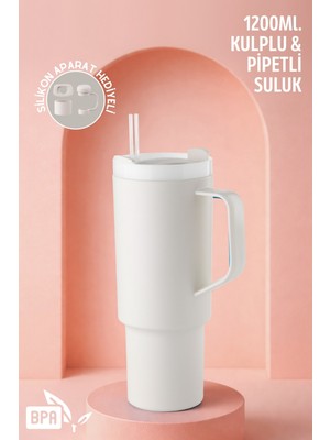 Ny Home Büyük Boy, Kulplu ve Pipetli 1200ML. Suluk & Matara - Silikon Aparat Hediyeli Krem