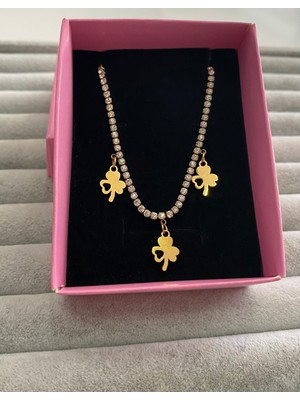 Pink Yonca Detaylı Taşlı Kolye Sarı