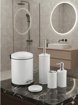 5 Parça Beyaz Banyo Seti - Çöp Kovalı ve Fırçalı Lüks Banyo Aksesuarları Takımı