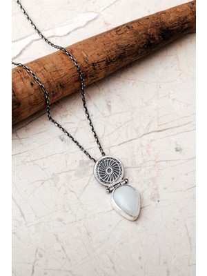 Sümer Telkari Sedef Taşlı Elişi Tasarım 925 Ayar Gümüş Damla Kolye 8112