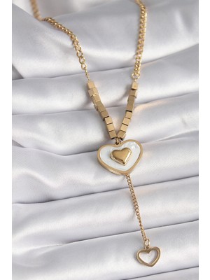 Erbilden Erb 316L Çelik Gold Renk Beyaz Sedefli Kalp Model Sallantı Detay Kadın Kolye