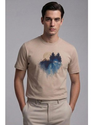 Sabri Özel Giotelli Bej Slim Fit %100 Pamuklu Baskılı Bisiklet Yaka Tişört