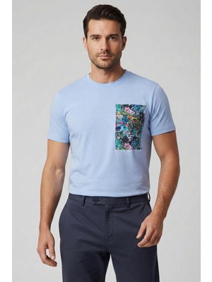 Sabri Özel Giotelli Erkek Mavi Dar Kesim Slim Fit Pamuklu Örme Baskılı Bisiklet Yaka Tişört
