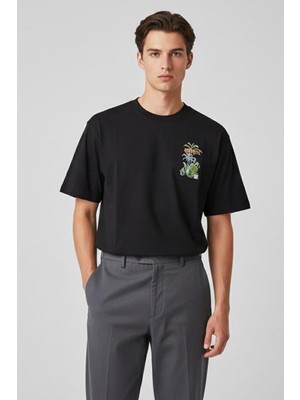 Sabri Özel Giotelli Erkek Siyah Normal Kesim Regular Fit %100 Pamuk Baskılı Bisiklet Yaka Erkek Tişört