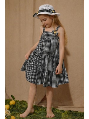 Monila Kız Çocuk Pötikareli Pamuklu Askılı Şapkalı Elbise