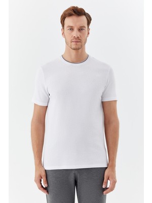 Sabri Özel Bisiklet Yaka Dokulu Örme Erkek T-Shirt Ekru