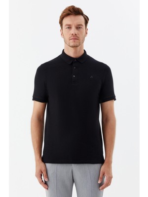 Sabri Özel Erkek Siyah Normal Kesim Regular Fit Modal Düğmeli Pike Polo Yaka Tişört