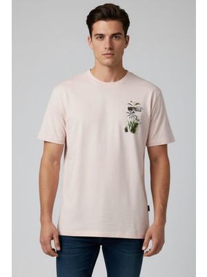 Sabri Özel Giotelli Erkek Açık Pembe Normal Kesim Regular Fit %100 Pamuk Baskılı Bisiklet Yaka Erkek Tişört