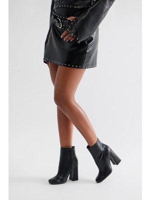 Kadın Bot Yandan Fermuarlı Kare Burun Kare 10CM Blok Topuklu Bot Cilt Siyah