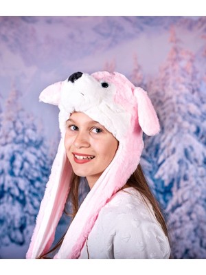 Bubiee Baby Pembe Köpek Figürlü Patiklerinden Hareket Ededen Kulaklı Pelüş Şapkası -Eğlenceli Çocuk Şapkası