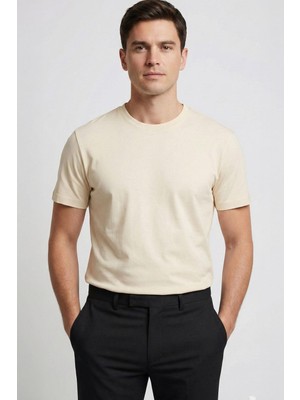 Sabri Özel Giotelli Ekru Regular Fit %100 Pamuklu Bisiklet Yaka Tişört